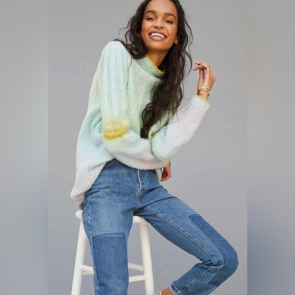 Anthropologie Ombre Mock Neck Knit Sweater Mint Green Purple Yellow Size S‎